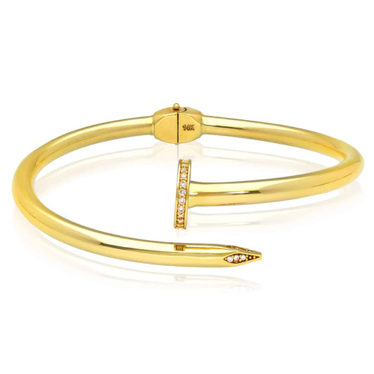 0.30CTW CZ 4mm 14K Yellow Gold Spike Cuff Bangle Bracelet 6.75"