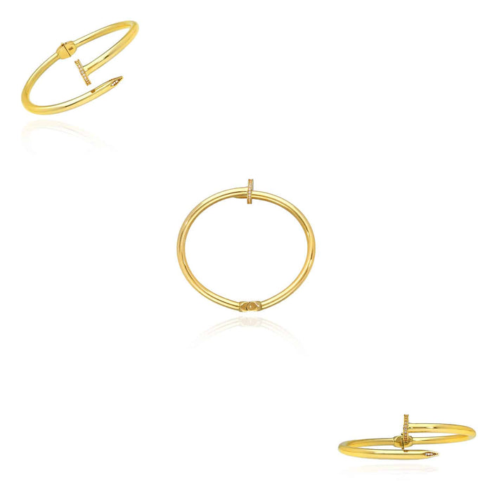 0.30CTW CZ 4mm 14K Yellow Gold Spike Cuff Bangle Bracelet (Hollow) 6.75"