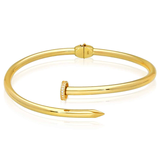 0.20CTW CZ 14K Yellow Gold Spike Cuff Hinged Bangle Bracelet 8"