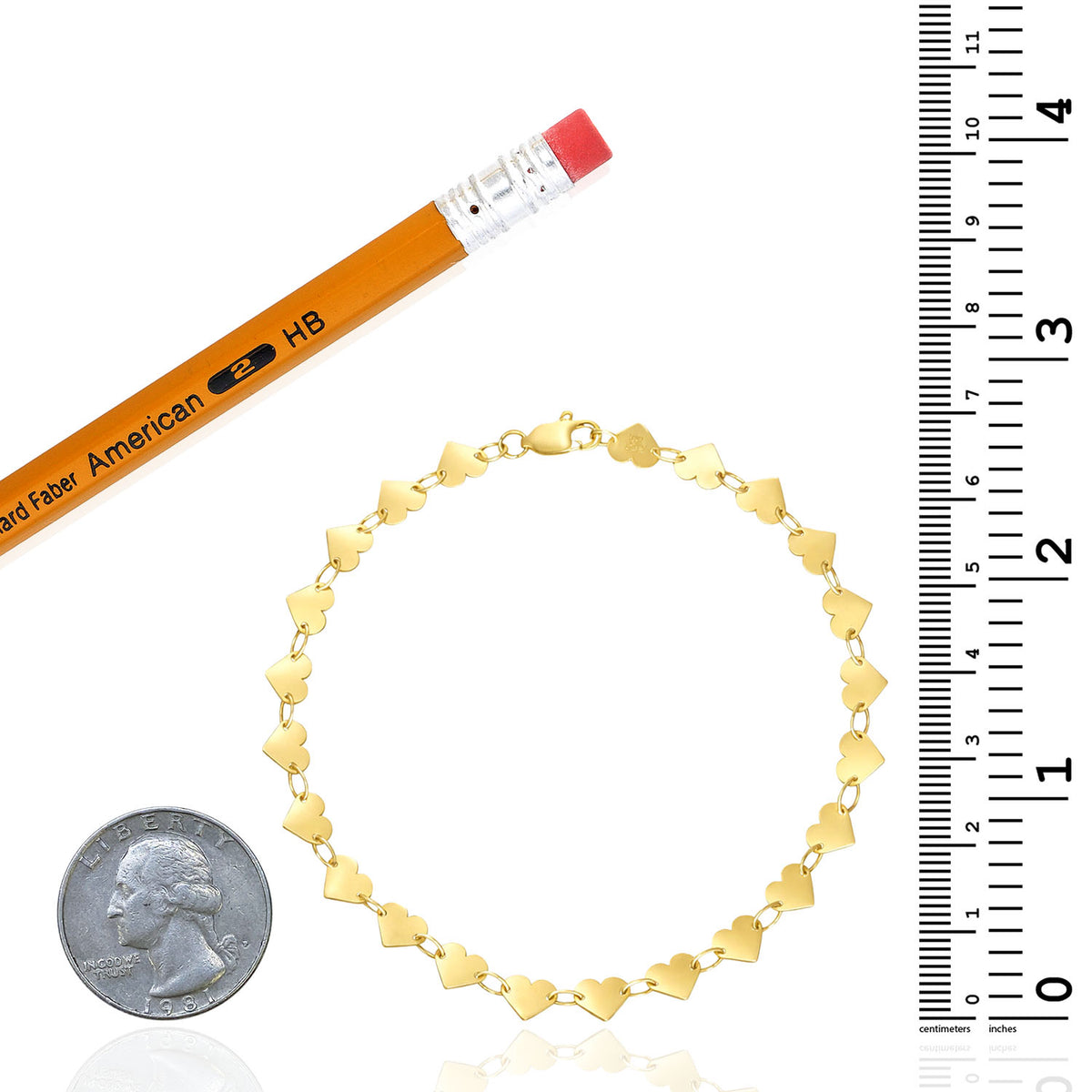 14K Yellow Gold 5mm Mirrored Multi Heart Bracelet (Hollow) 7"
