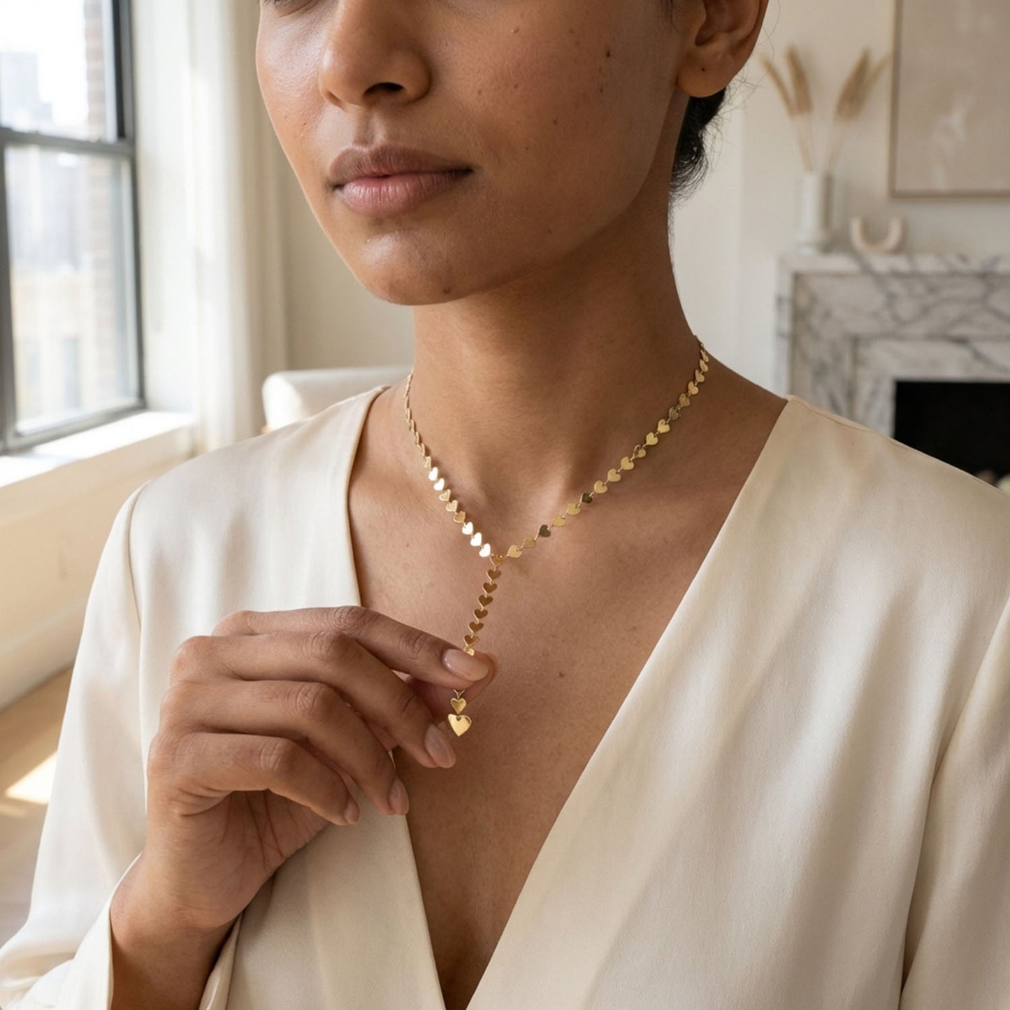 14K Yellow Gold 5mm Mirrored Multi Heart Lariat Necklace (Hollow) 18"