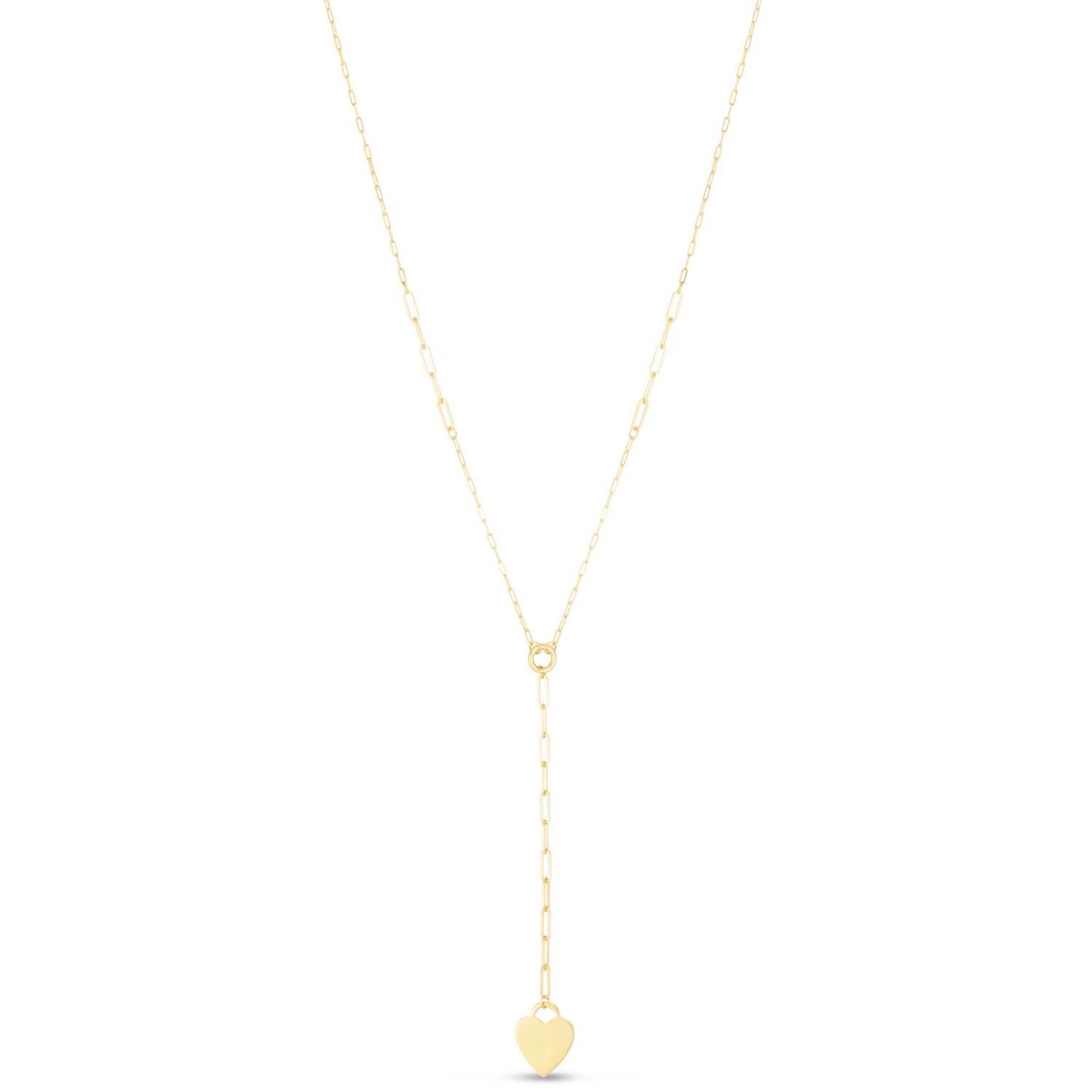 14K Yellow Gold 2.5mm Paperclip Heart Pendant 0.4" Lariat Necklace Chain 18"