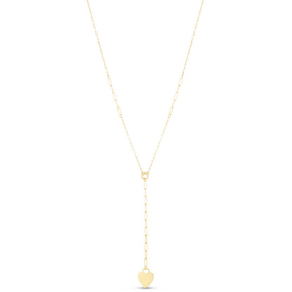 14K Yellow Gold 2.5mm Paperclip Heart Pendant 0.4" Lariat Necklace Chain 18"