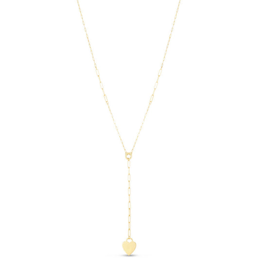 14K Yellow Gold 2.5mm Paperclip Heart Pendant 0.4" Lariat Necklace Chain 18"