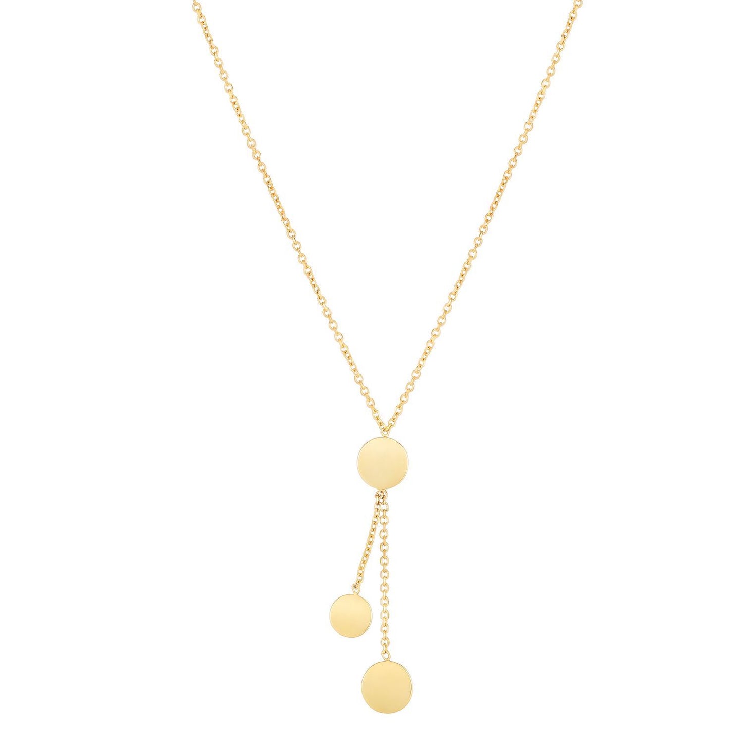 14K Yellow Gold 1.5mm Cable Round 3 Disc Pendant Lariat Necklace Adj. 16"-18"