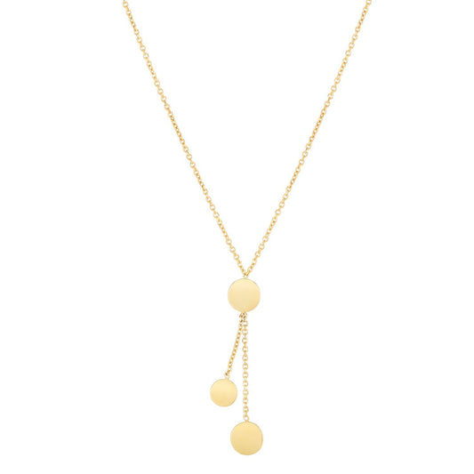 14K Yellow Gold 1.5mm Cable Round 3 Disc Pendant Lariat Necklace Adj. 16"-18"