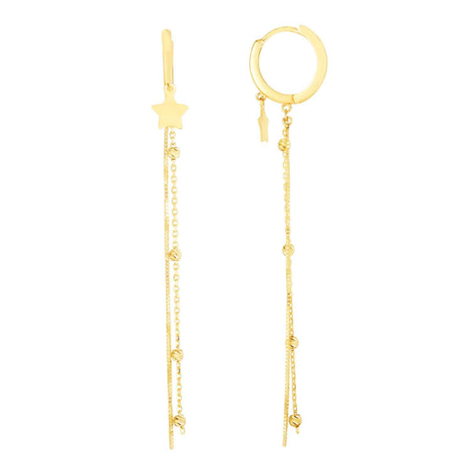 14K Yellow Gold Drop  Chain Star Huggies Earrings 50mm