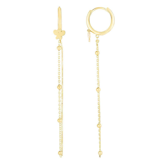 14K Yellow Gold Drop  Chain Butterfly Huggie Earrings 50mm