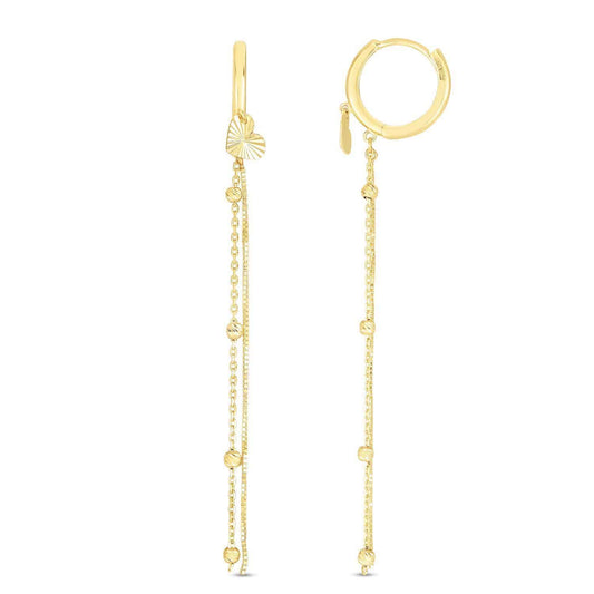 14K Yellow Gold Drop  Chain Diamond-Cut Heart Huggies Earrings 50mm