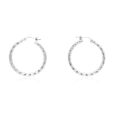 14k White Gold Twisted Pattern 3mm Thick Hinged Snapback Hoop Earrings