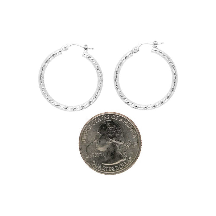 14k White Gold Twisted Pattern 3mm Thick Hinged Snapback Hoop Earrings