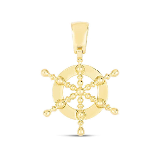 14K Yellow Gold Nautical Ship Captains Wheel Charm Pendant 0.9"