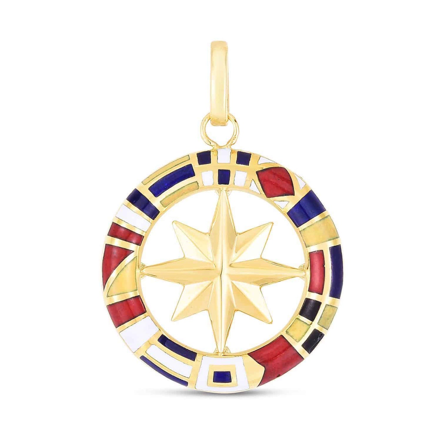 14K Yellow Gold Enamel Maritime Flags Compass Charm Pendant 1"