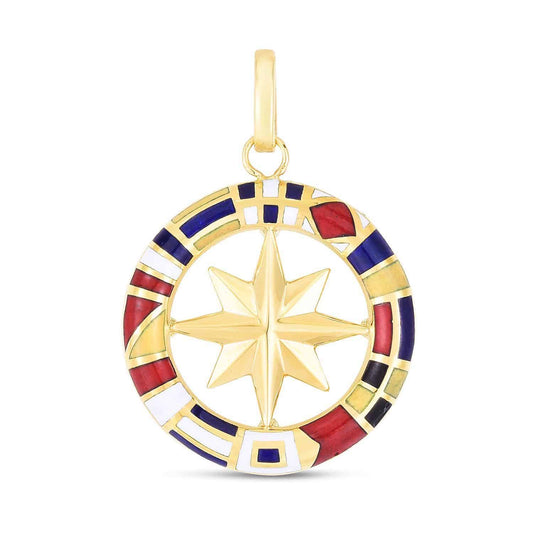 14K Yellow Gold Enamel Maritime Flags Compass Charm Pendant 1"