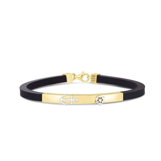 14K Gold Yellow Square Rubber Cord Ship Wheel Anchor Nautical Men's Bracelet 8"