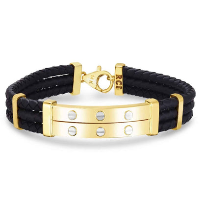 14K Gold Yellow 10mm Braided Double Rubber Cord Screw Bar Men's Bracelet 8"