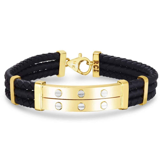 14K Gold Yellow 10mm Braided Double Rubber Cord Screw Bar Men's Bracelet 8"
