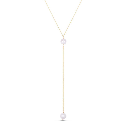 14K Yellow Gold 0.5mm Cable Cultured Pearl Drop Lariat Necklace (Hollow) 17"