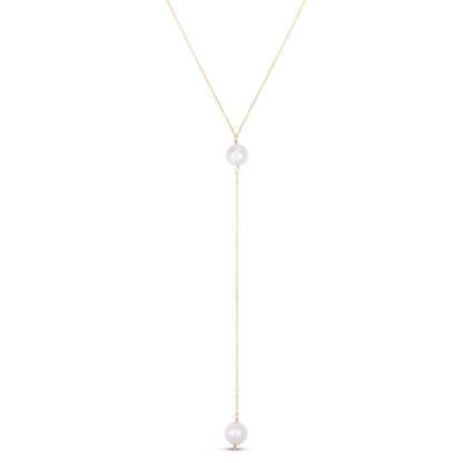 14K Yellow Gold .5mm Cable Chain Necklace 17" Cultured Pearl Drop Lariat Pendant