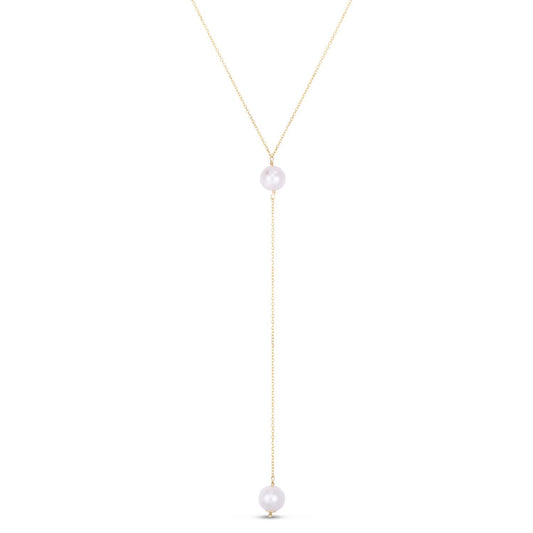 14K Yellow Gold .5mm Cable Chain Necklace 17" Cultured Pearl Drop Lariat Pendant