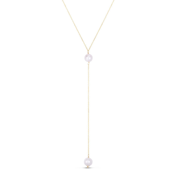 14K Yellow Gold 0.5mm Cable Cultured Pearl Drop Lariat Necklace (Hollow) 17"