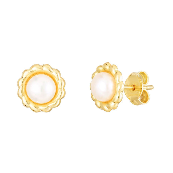 14K Yellow Gold Flower Bezel Pearl Studs Earrings 8.5mm