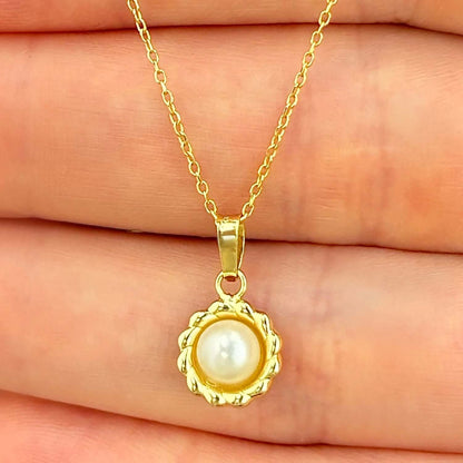 14K Yellow Gold .8mm Cable Chain 16-18" Flower Bezel Pearl Pendant 0.6"