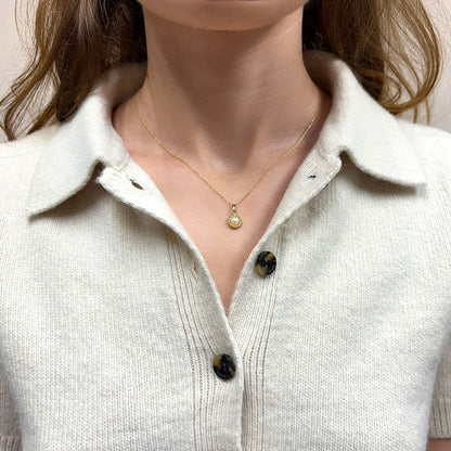 14K Yellow Gold .8mm Cable Chain 16-18" Flower Bezel Pearl Pendant 0.6"