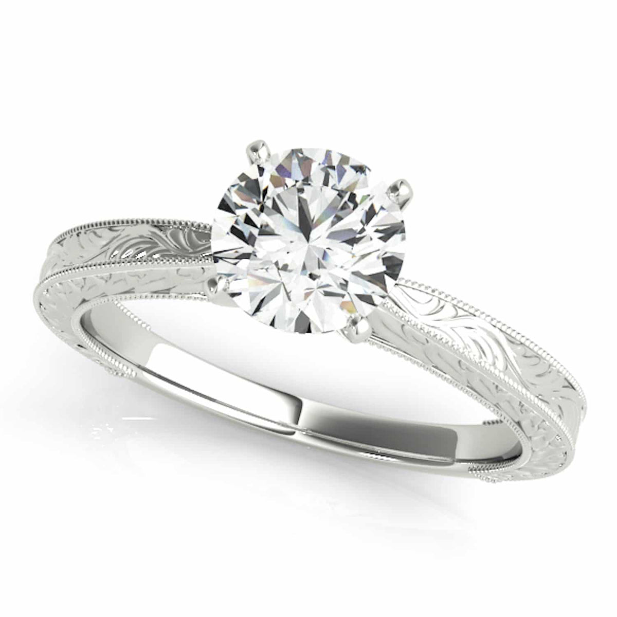 1CT Round Real Moissanite Antique Style 18K Gold White Engagement Ring