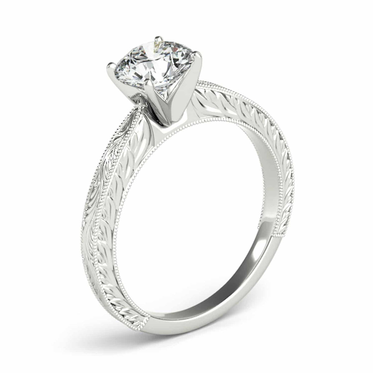 1CT Round Real Moissanite Antique Style 18K Gold White Engagement Ring