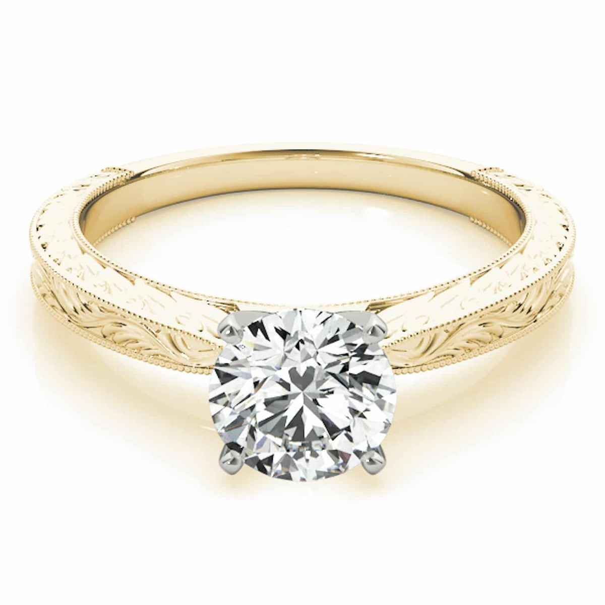 1CT Real Round Moissanite 18K Gold Yellow Antique Style Engagement Ring