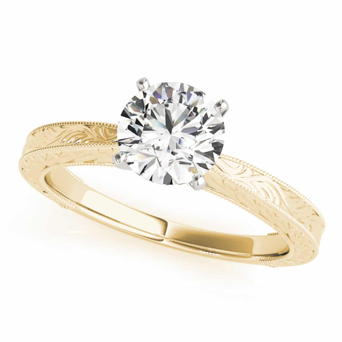 1CT Real Round Moissanite 18K Gold Yellow Antique Style Engagement Ring