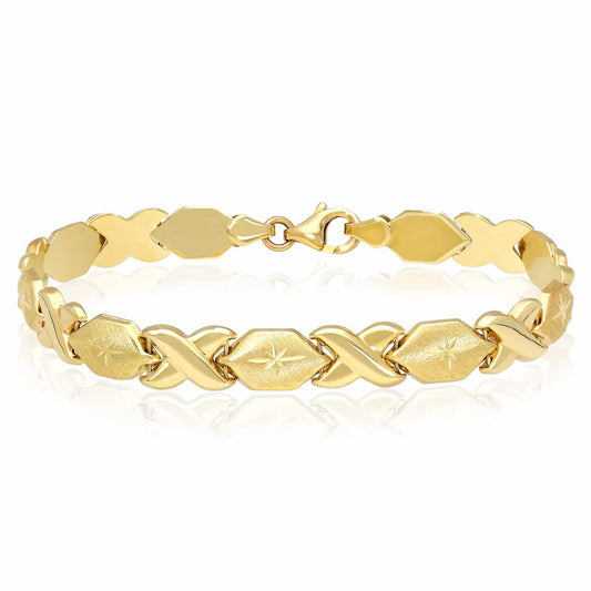 10K Gold Yellow 7mm Hollow Hugs & Kisses XO Bracelet 7.25"-8"