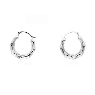 14K Yellow Gold White Milgrain Creole Style Hinged Snapback Hoop Earrings