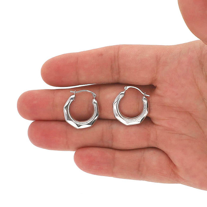 14K Yellow Gold White Milgrain Creole Style Hinged Snapback Hoop Earrings