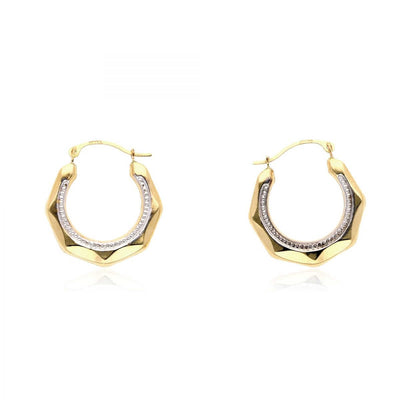14K Yellow Gold White Milgrain Creole Style Hinged Snapback Hoop Earrings