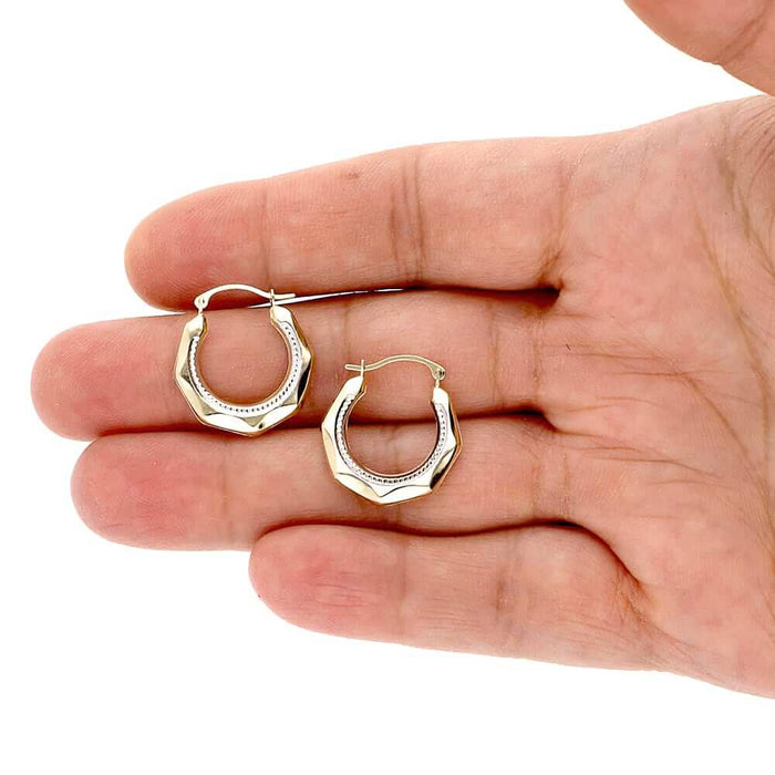 14K Yellow Gold White Milgrain Creole Style Hinged Snapback Hoop Earrings