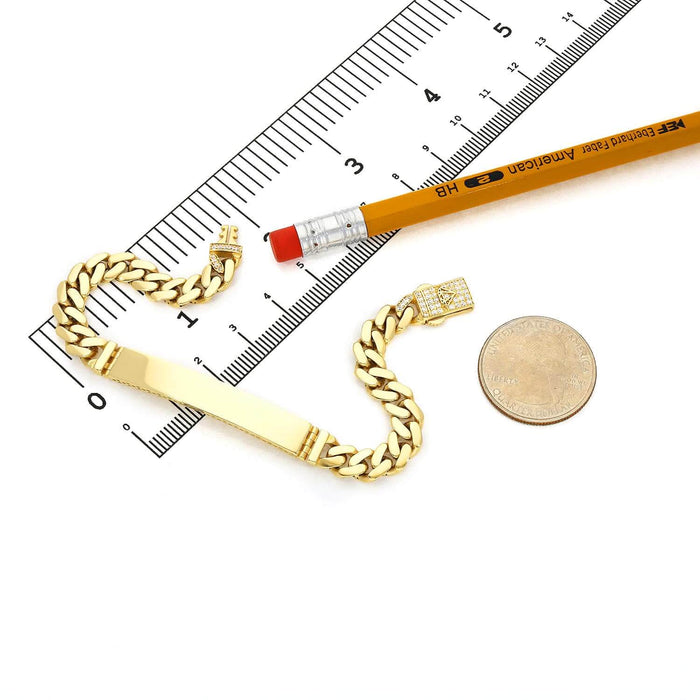 14K Yellow Gold 7mm Miami CZ Pavé Clasp ID Bar Bracelet (Hollow) 7.25"