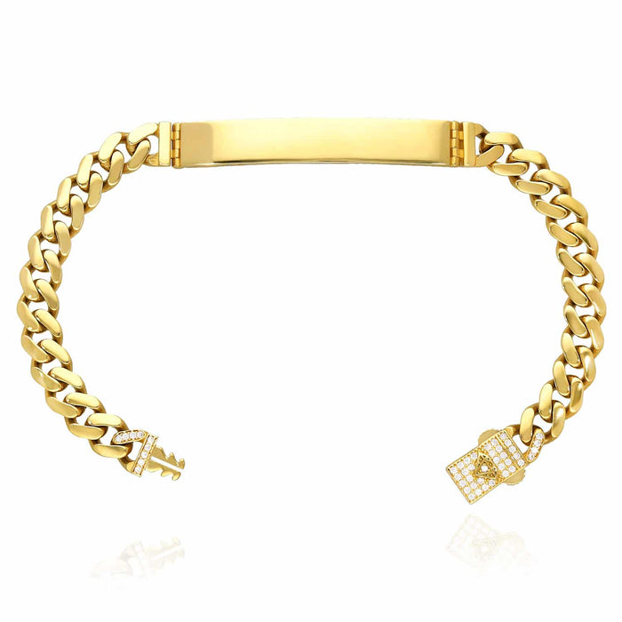 14K Yellow Gold 7mm Miami CZ Pavé Clasp ID Bar Bracelet (Hollow) 7.25"