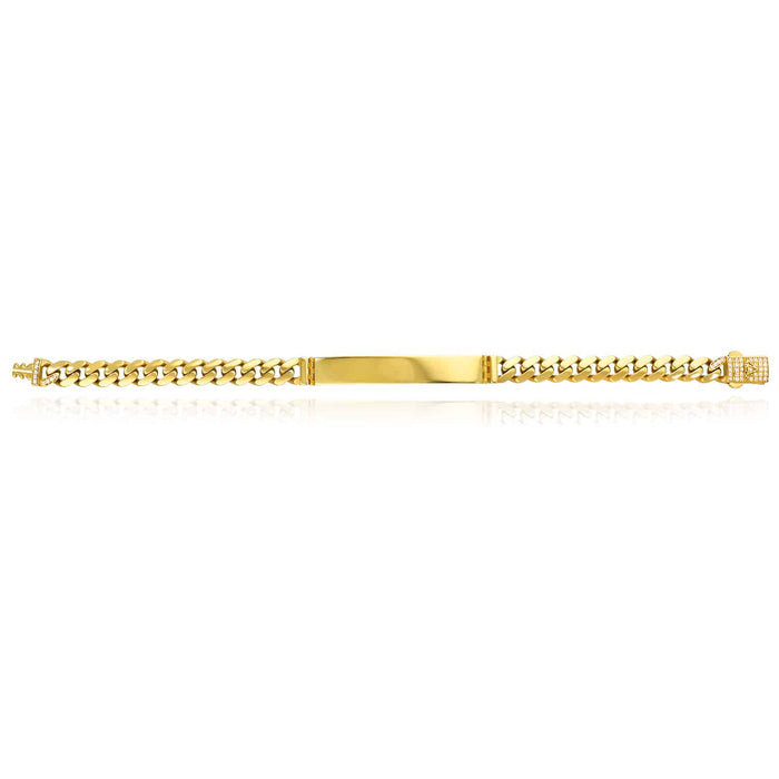 14K Yellow Gold 7mm Miami CZ Pavé Clasp ID Bar Bracelet (Hollow) 7.25"