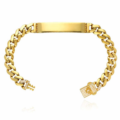 14K Yellow Gold 9mm Miami CZ Pavé Clasp ID Bar Bracelet (Hollow) 8"