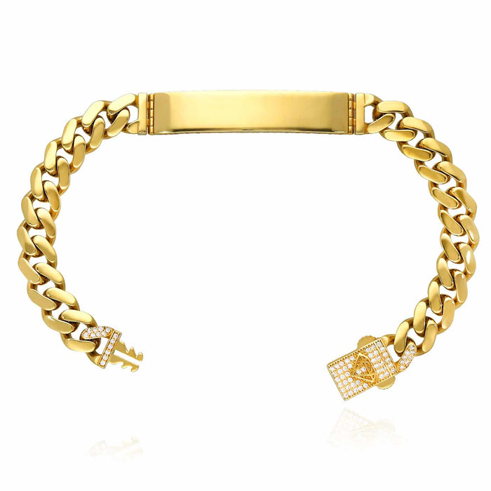 14K Yellow Gold 9mm Miami CZ Pavé Clasp ID Bar Bracelet (Hollow) 8"