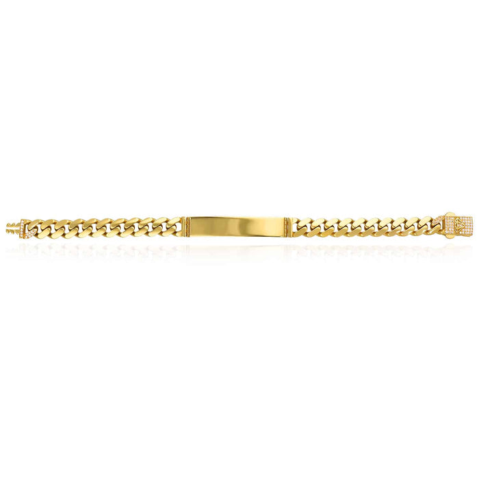 14K Yellow Gold 9mm Miami CZ Pavé Clasp ID Bar Bracelet (Hollow) 8"