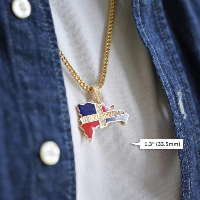 14K Yellow Gold CZ Dominican Republic Flag Map Pendant 1.15-1.4"