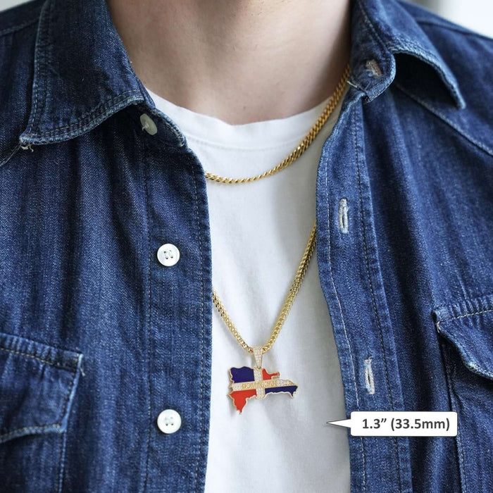 14K Yellow Gold CZ Dominican Republic Flag Map Pendant 1.15-1.4"