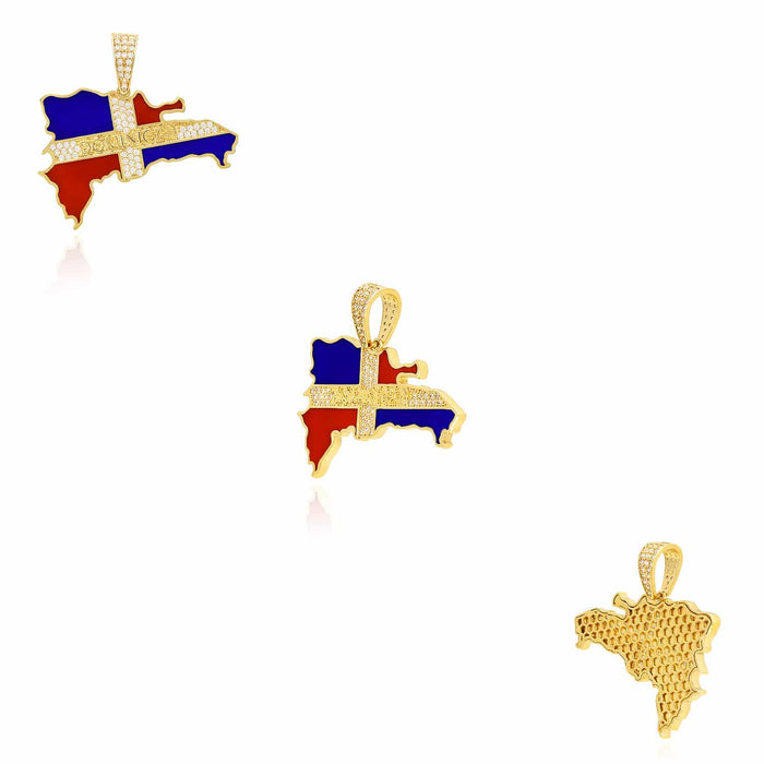 14K Yellow Gold CZ Dominican Republic Flag Map Pendant 1.15-1.4"