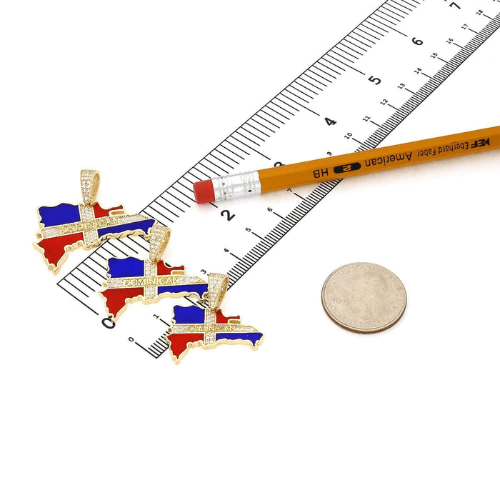 14K Yellow Gold CZ Dominican Republic Flag Map Pendant 1.15-1.4"