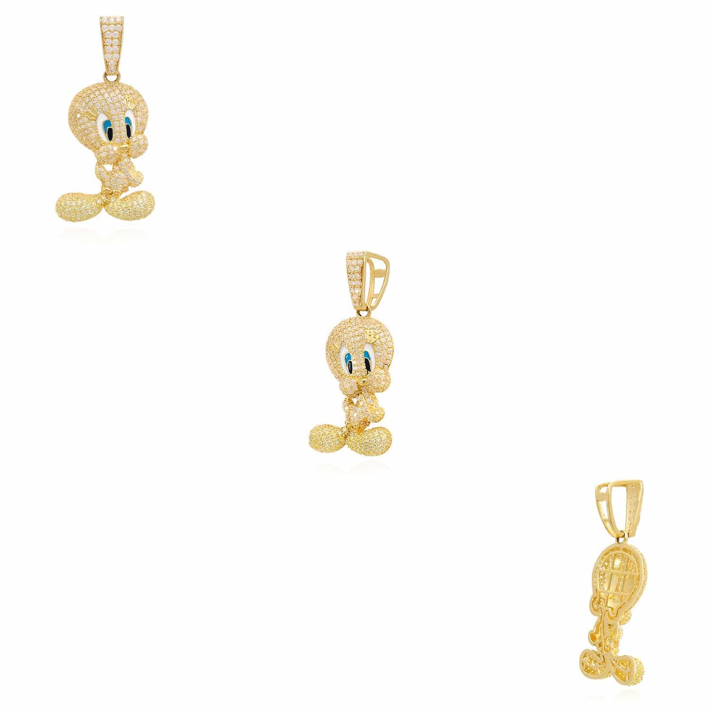 14K Yellow Gold CZ Pave Blue Eyes Tweety Bird Charm Pendant 1.5"