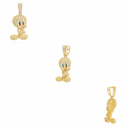 14K Yellow Gold CZ Pave Blue Eyes Tweety Bird Charm Pendant 1.5"