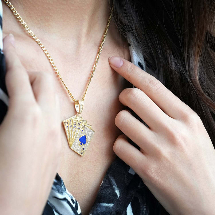 14K Yellow Gold CZ Blue Green Red Pave Playing Cards Pendant 1.9"